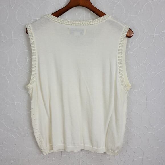 VTG Gladys Bagley Pearl Front Tank Womens XL White Beaded Sleeveless Knit Tank - Picture 2 of 6
